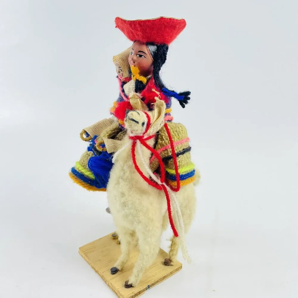 VTG Handmade Peruvian Woman Folk Art Doll w/Baby & Llama 6.5 in Souvenir